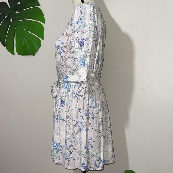 Express Floral Linen-Blend Puff Shoulder Tie Waist Romper Sz. M - Picture 8 of 15